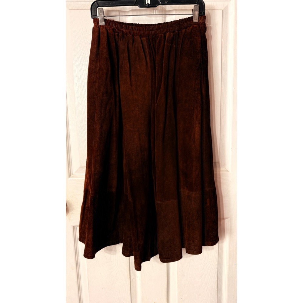 VTG Branded Santa Fe Brown Suede Leather Midi Skirt Elastic Waist Western Large - Picture 2 of 10